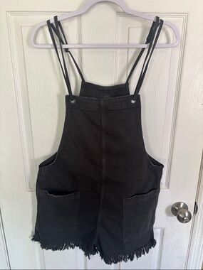 aerie Black Frayed Hem Denim Short Overalls Romper